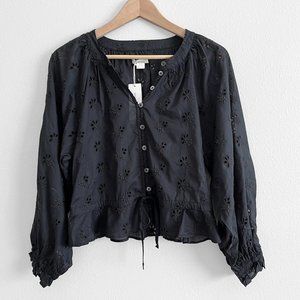 NWT Outerknown Eyelet Poet Blouse Pitch Black S